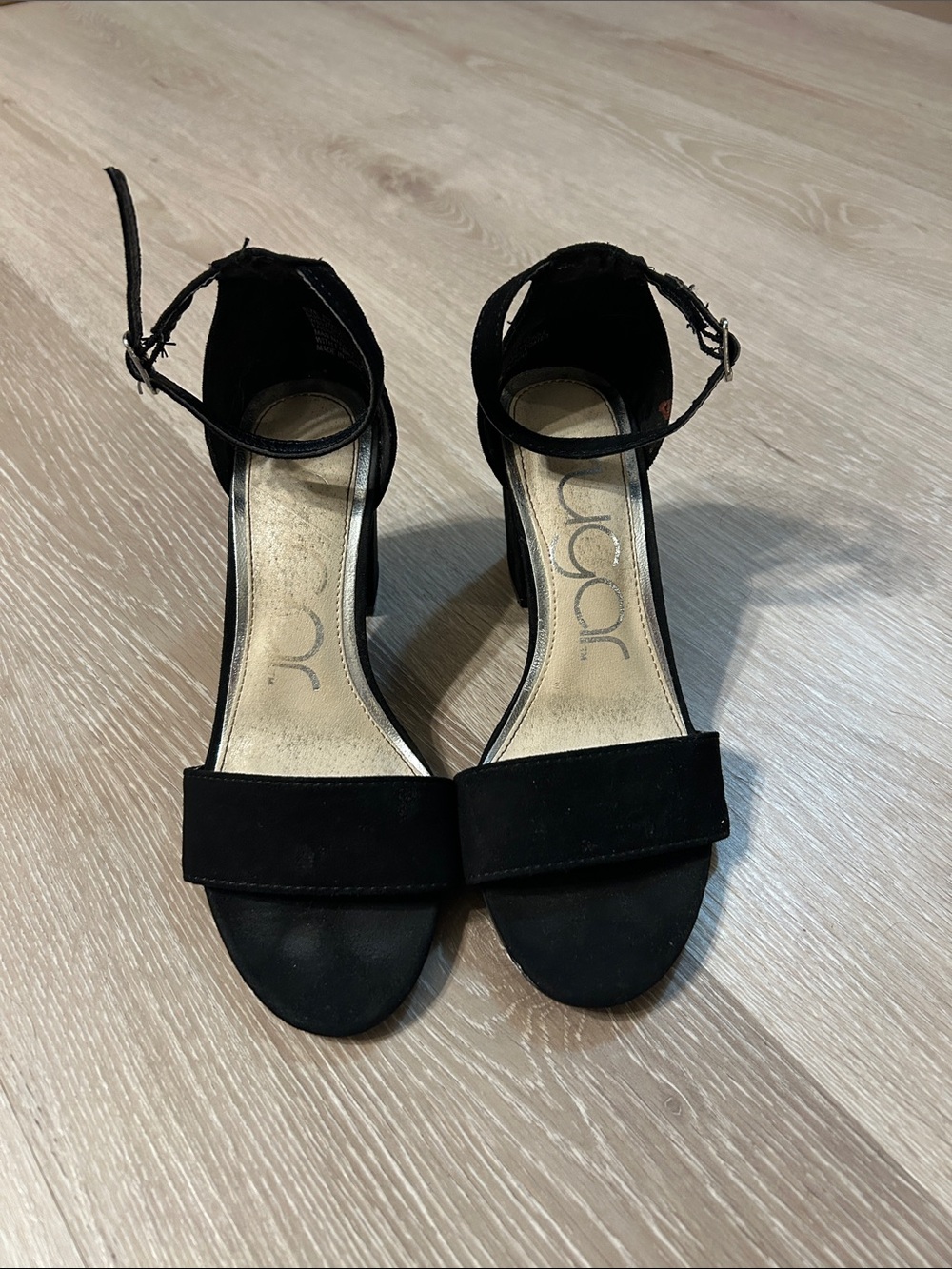 Sugar Black Suede Ankle-Strap Block Heel Sandals Sz 6